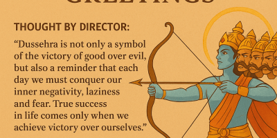 A festive Dussehra poster from Brilliant Mount Sr. Sec. School, Dhaulakuan featuring Lord Rama with bow and arrow aimed at Ravana, along with greetings, director’s thought, and warm wishes.