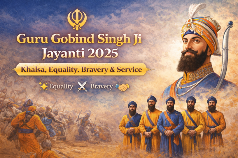 Guru Gobind Singh Ji Jayanti 2025 featured image highlighting the Khalsa Panth and the values of equality, bravery, and selfless service