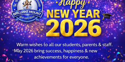 Happy New Year 2026 greeting banner by Brilliant Mount Sr. Sec. School DhaulaKuan with fireworks, school logo and warm wishes for students, parents and staff.